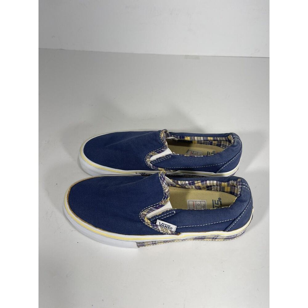 Vans Slip On Skate Navy Blue W/ Yellow Plaids Sole Sz 3.5 Men Sz 5 Women Youth - Picture 2 of 9
